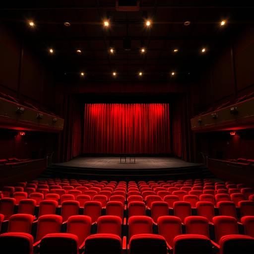 Innenansicht eines Theatersaals mit rotem Samt bestuhlten Sitzen und einer beleuchteten Bühne