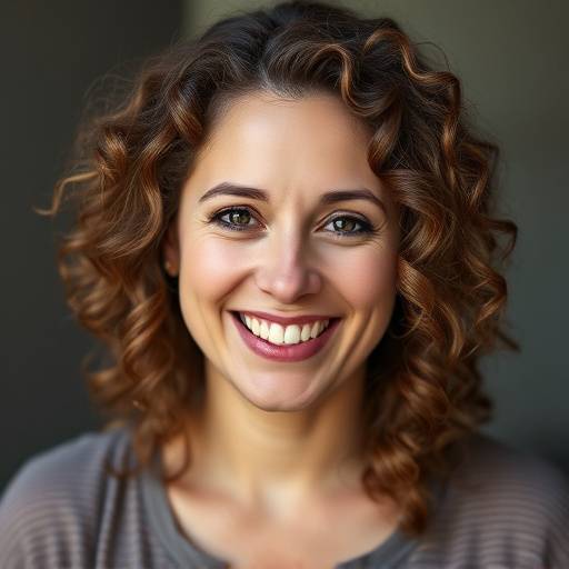 Porträtfoto von Elena Schwarz, einer Schauspielerin und Gesangslehrerin mit lockigen Haaren und einem warmen Lächeln