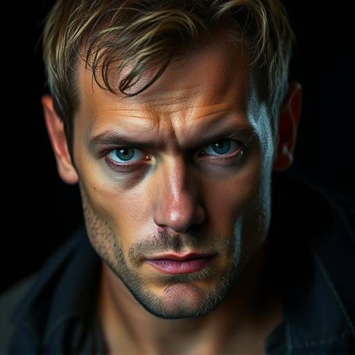 Porträtfoto von Simon Graf, einem Schauspieler und Stuntman mit kurzen Haaren und einem entschlossenen Blick