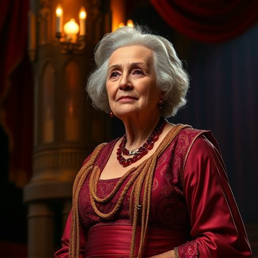 Szene aus 'Der Besuch der alten Dame', eine ältere Dame in einem luxuriösen Kleid
